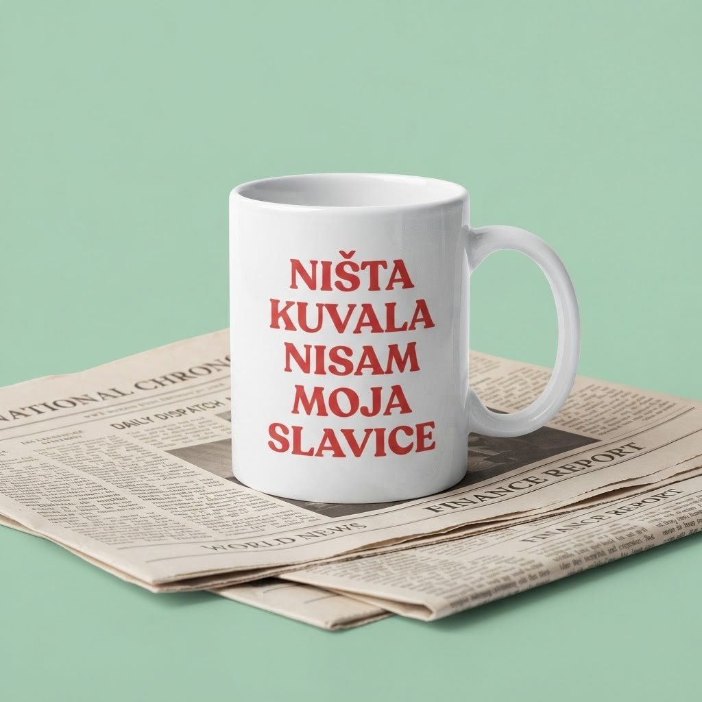 Bela šoljica sa crvenim natpisom Ništa kuvala nisam moja Slavice